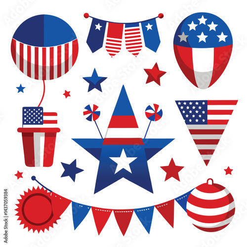 American 4th July red white and blue decorations icon set on white background
