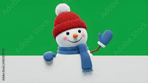 Green screen snowman waving, perfect for custom holiday backdrops and festive scenes