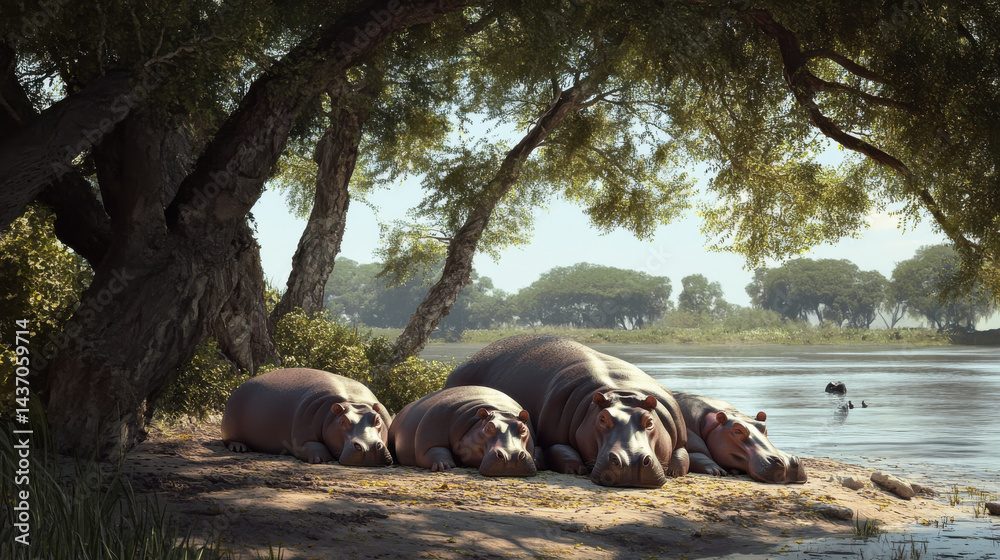 Fototapeta premium calm scene of group of hippos resting in shade near river, surrounded by lush greenery and trees, creating serene atmosphere