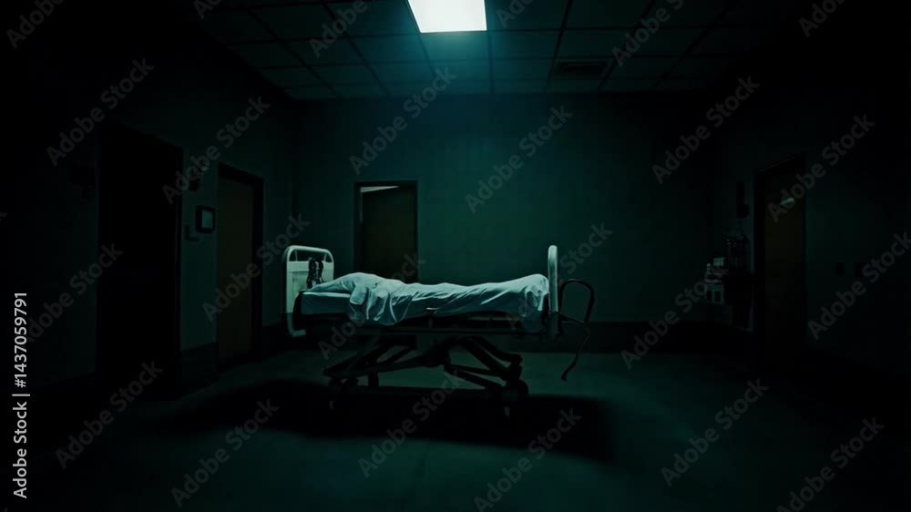 Somber hospital room with single bed illuminated under eerie lighting