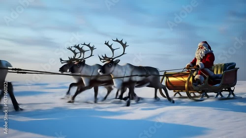 Santa riding his reindeer sleigh through a snowy Christmas scene, spreading holiday joy