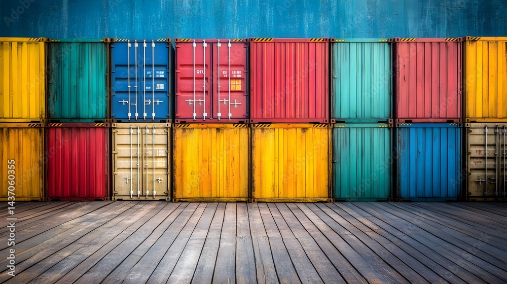 Fototapeta premium Colorful Stacked Containers on Wooden Floor in Various Shades