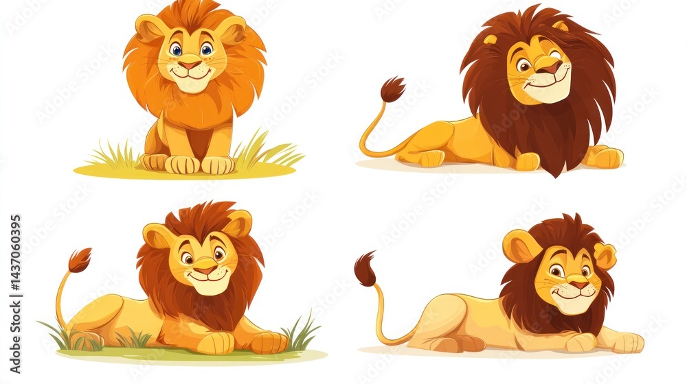 Fototapeta premium Four cute cartoon lions, grassland background, children's book illustration