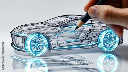 Car Design Blueprint: A meticulous sketch of a sleek, modern vehicle, highlighting its design and features, is brought to life with careful detail and precision. 