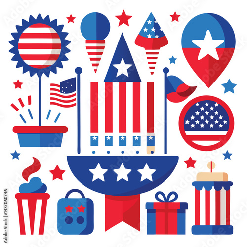 American 4th July red white and blue decorations icon set on white background