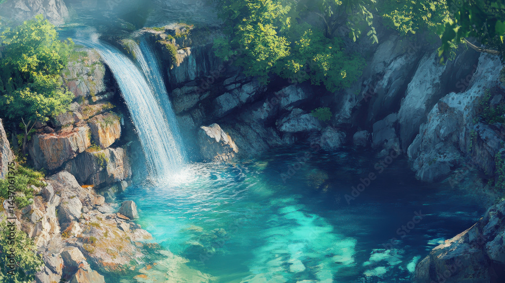 serene view of waterfall cascading into crystal clear pool surrounded by lush greenery, evoking tranquility and natural beauty
