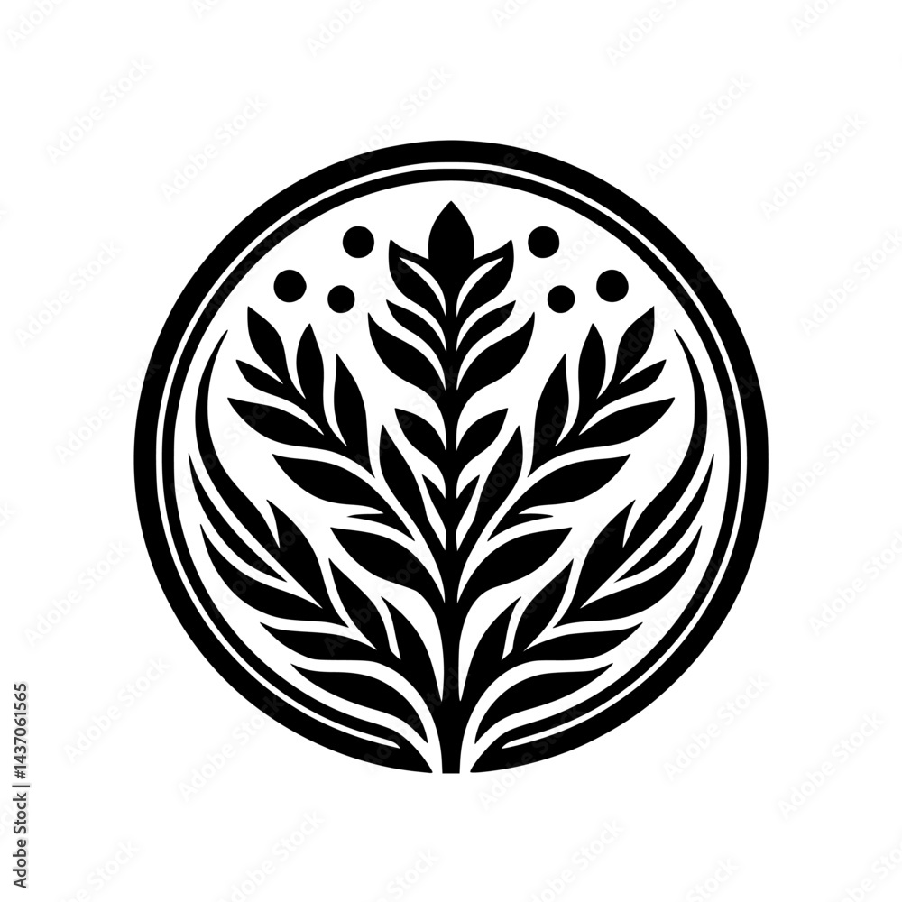 Minimalist Botanical Emblem: Black & White Circular Design Minimalist Botanical Emblem: Black & White Circular Design