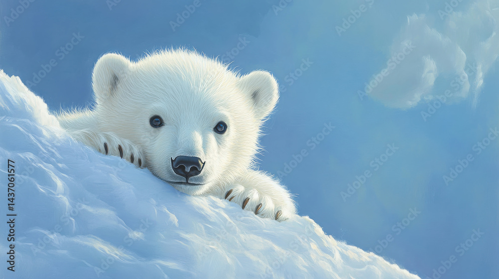 tranquil moment of polar bear cub peeking out from snowy landscape, evoking sense of innocence and wonder