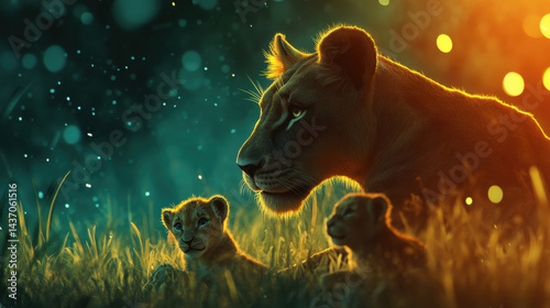 tranquil moment of lioness watching over her cubs in serene environment, surrounded by soft light and nature beauty