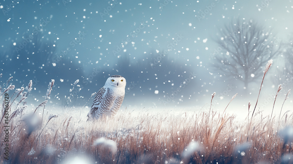 snowy owl stands gracefully in serene, snowy field, surrounded by falling snowflakes and tranquil atmosphere