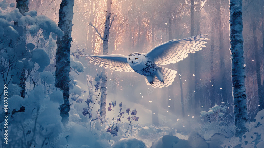 snowy owl gliding gracefully through serene winter forest, surrounded by snow covered trees and soft falling snowflakes, evokes sense