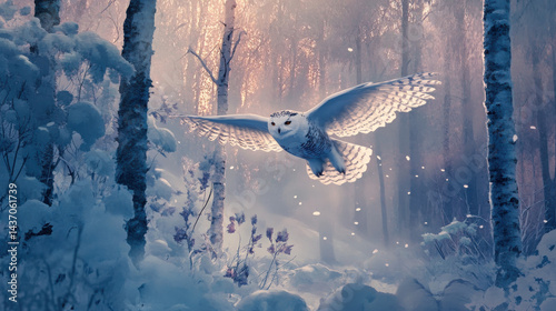 Obraz na płótnie snowy owl gliding gracefully through serene winter forest, surrounded by snow covered trees and soft falling snowflakes, evokes sense w salonie