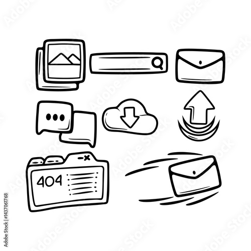 Hand-Drawn Website Element Collection. A collection of nine hand-drawn, doodle-style vector icons representing various web and internet concepts