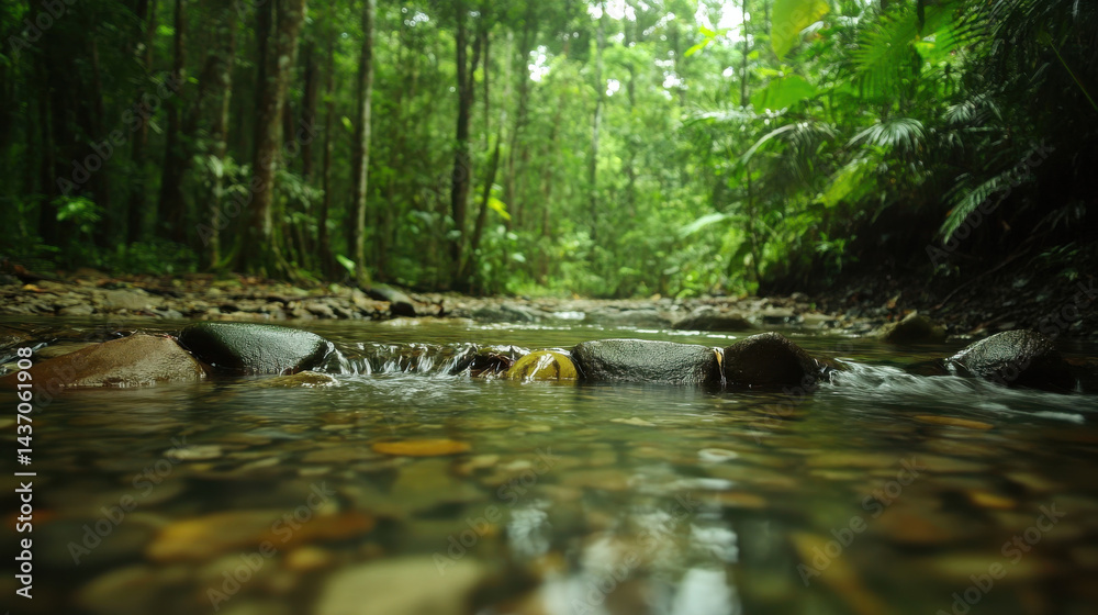 tranquil rainforest scene with gentle stream flowing over smooth stones, surrounded by lush greenery and vibrant foliage