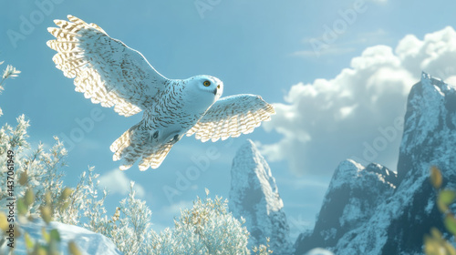 Obraz na płótnie tranquil scene of snowy owl in flight, wings spread wide against serene backdrop of mountains and clouds, evokes sense of peace and wonder w salonie