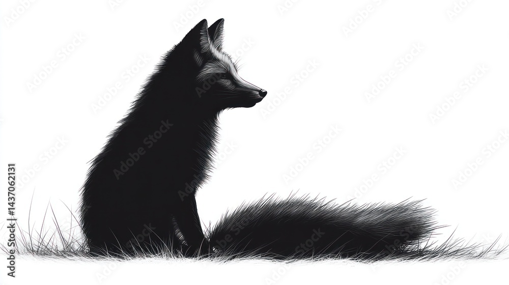 Obraz premium Black fox sits in grass