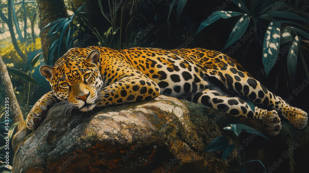 Majestic jaguar lounging peacefully on rock in rainforest, surrounded by lush greenery and vibrant foliage, exuding tranquility