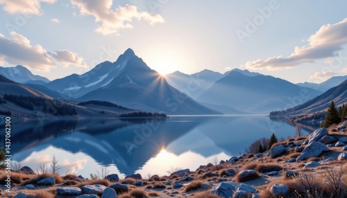 3D render depiction of mountain landscape bathed in morning light beside a calm lake in monochromatic blue