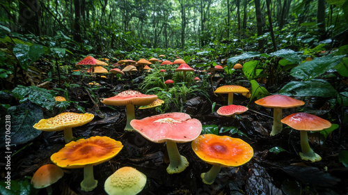 calm rainforest scene with variety of colorful mushrooms, showcasing vibrant hues and lush greenery, creating serene atmosphere