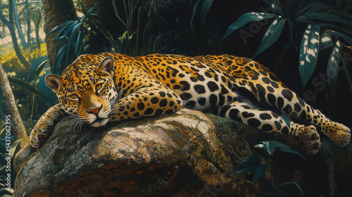 Obraz na płótnie Majestic jaguar lounging peacefully on rock in rainforest, surrounded by lush greenery and vibrant foliage, exuding tranquility w salonie