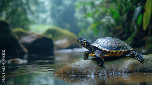 Obraz na płótnie peaceful moment of turtle sunbathing on rock in serene river surrounded by lush greenery, evoking tranquility and nature beauty w salonie