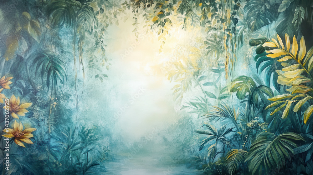 tranquil rainforest scene with lush greenery, vibrant leaves, and soft light filtering through canopy, evoking sense of peace and serenity