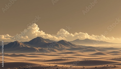 Flat design depiction of ocean waves floating above clouds across a wide plain in sepia tones