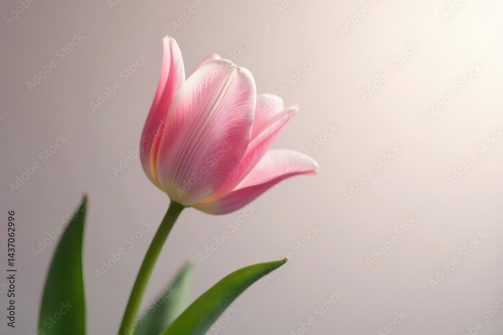 Fototapeta premium A Delicate Pink Tulip Blossom Gracefully Unfurled Against a Soft, Neutral Background, a Symbol of Spring's Gentle Arrival and the Promise of New Beginnings.