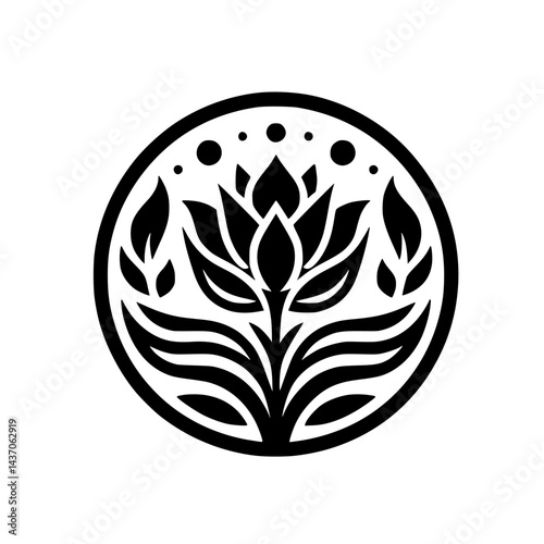 Black & White Lotus Flower Logo, Circular, Minimalist Design