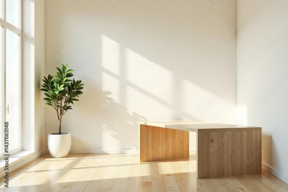 Fototapeta premium Minimalist room interior design featuring a simple wooden table and a potted plant, bathed in sunlight.