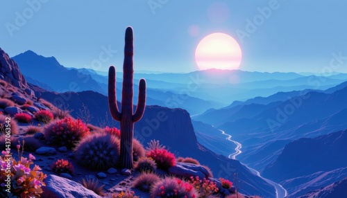Cyberpunk style depiction of desert cactus bathed in morning light at the edge of a cliff in monochromatic blue