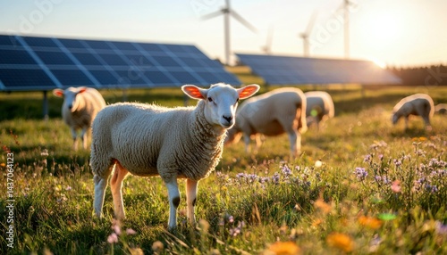 Sheep grazing near solar panels and wind turbines