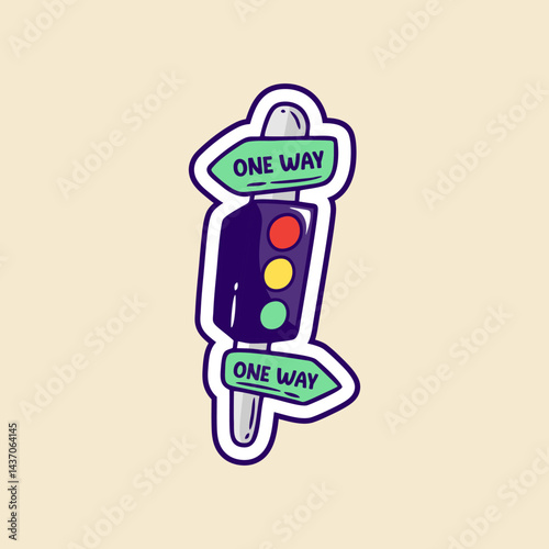 Cute Cartoon One Way Traffic Light Vector Illustration. A cute and simple cartoon illustration of a traffic light pole with two ONE WAY signs attached, pointing in opposite directions