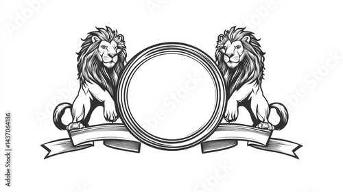 Two lions flanking a circular emblem, banner below; heraldic design; logo template photo