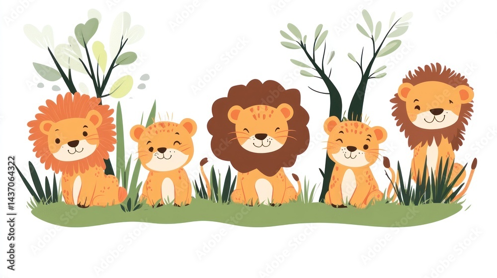 Naklejka premium Cartoon lions family sitting on grass under trees, a wildlife nature background