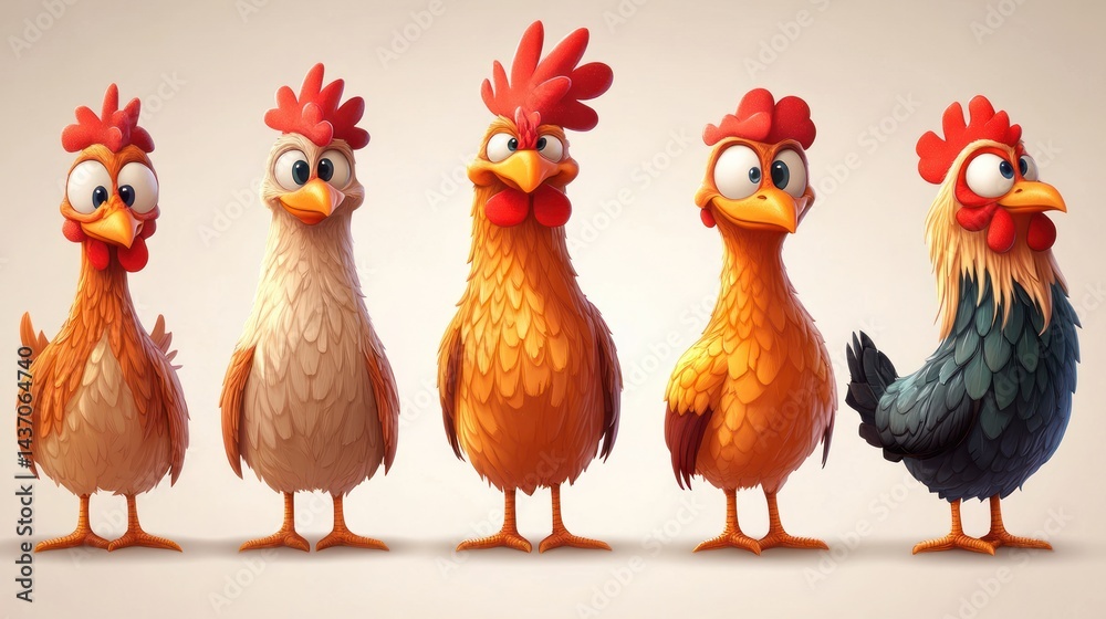 Fototapeta premium Cartoon chickens in various poses