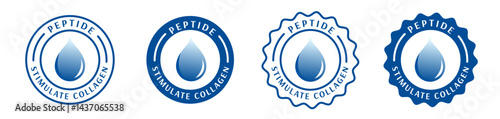 peptide skincare ingredient badge, seal, stamp, sticker, certificate, logo, dark blue. body care, beauty product, cosmetic serum, make up, skin treatment to stimulate collagen 