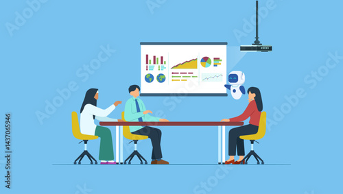 Vector illustration of AI robot assistant presents data at business meetings. Business people and artificial intelligence team collaboration. Future workplace concept.