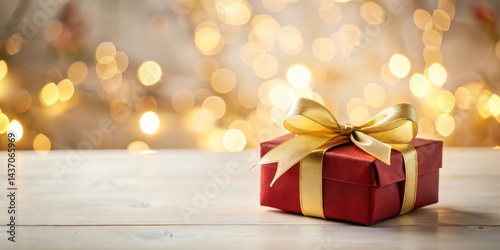 Wallpaper Mural A single red gift box with a gold ribbon sits on a white wood surface against a bokeh background of warm gold lights Torontodigital.ca