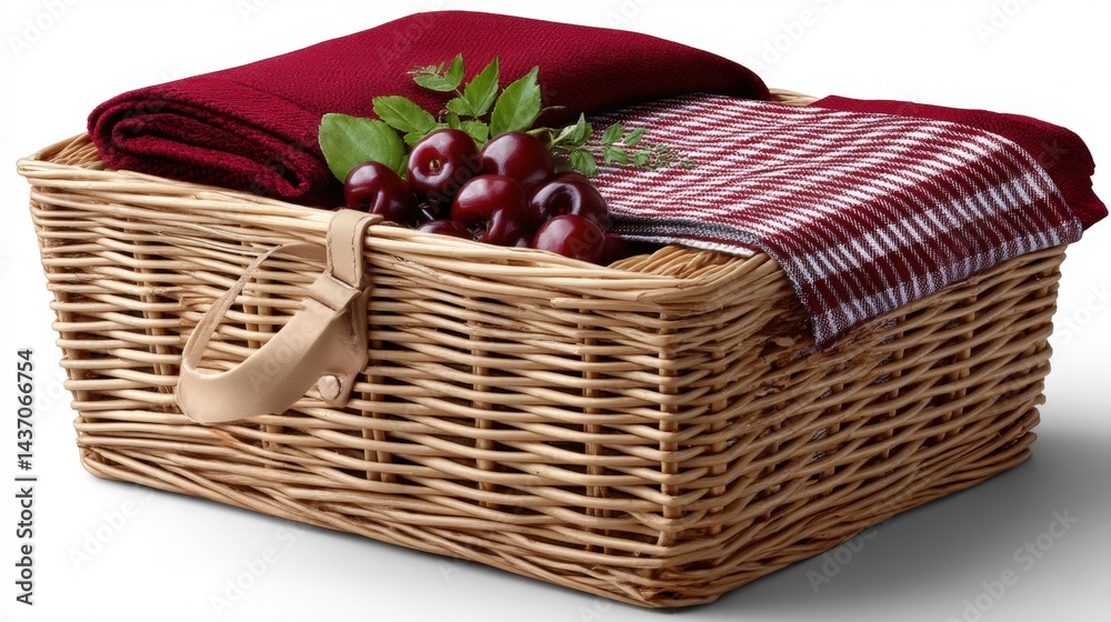 Cozy picnic basket with red blanket, checkered cloth, and fresh plums ready for outdoor dining