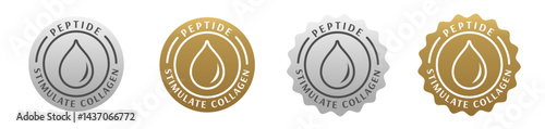 serum ingredient peptide badge, seal, stamp, logo, certificate, sticker, silver and gold. skincare, cosmetic, body care, beauty product, skin treatment to stimulate collagen 