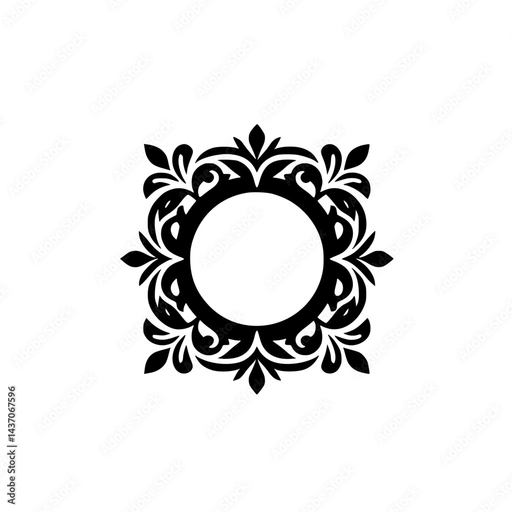 Elegant Black & White Floral Frame, Blank Circular Center, Vector Design Elegant Black & White Floral Frame, Blank Circular Center, Vector Design