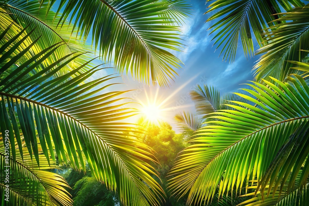 Fototapeta premium Vibrant Tropical Summer Background Palm Leaves and Sunshine