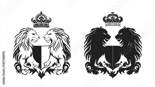 Two regal lions flanking a shield, crowned, heraldic design; ideal for logo or crest photo