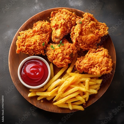 Fried chicken with fries and ketchup on white background