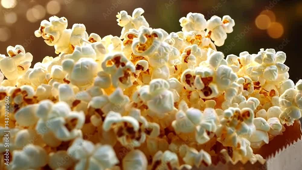 A bag overflowing with freshly popped popcorn, ideal for snacking during movies.