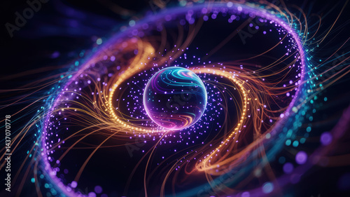 Agentic ai concept with glowing sphere and swirling light trails creating dynamic futuristic energy flow