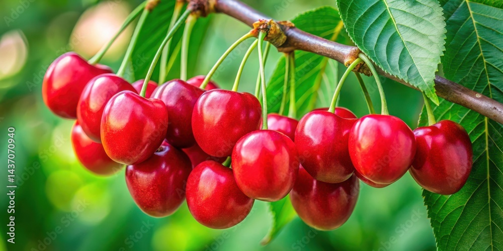 Obraz premium A Bountiful Cluster of Ripe Red Cherries Hanging from a Branch, Glistening in the Sunlight Amongst Lush Green Foliage
