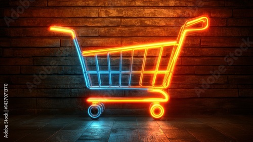 Neon shopping cart on brick wall