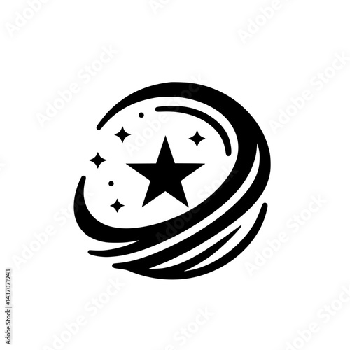 Black and White Starburst Logo with Orbital Swirls - Minimalist Design